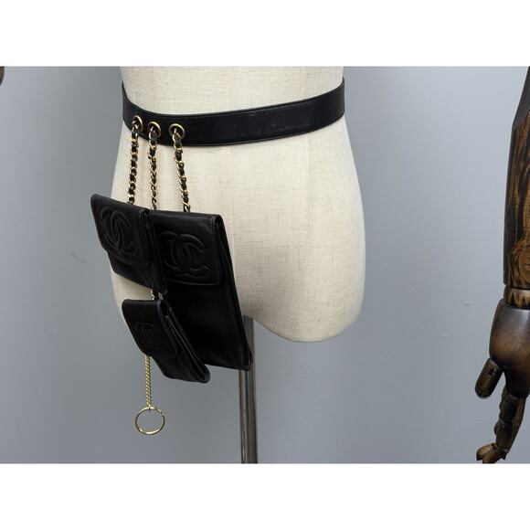 Chanel Vintage 1990 Waist Belt Multi Pouch Black Leather - Picture 2 of 13